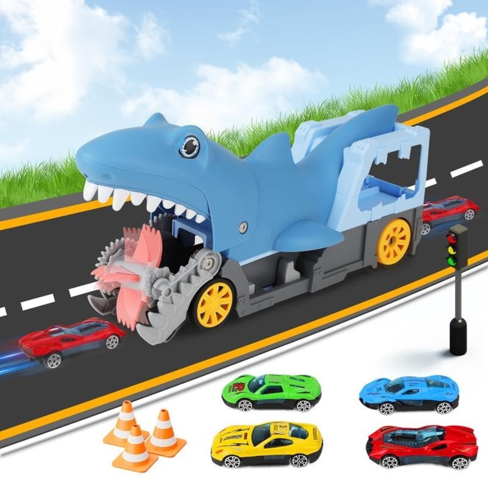 image 1 of Shark Devour Transporter Toy Truck - Push-and-Go Vehicle with Slide-Off Ramp, Roaring Sounds, Lights & 4 Mini Cars, Realistic Shark-Head Design for Kids Ages 3-7