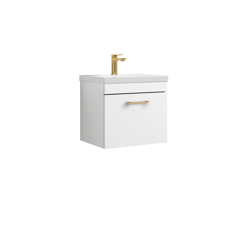 image 1 of Rio 1 Drawer Wall Hung Vanity Basin Unit - 500mm - Gloss White with Brushed Brass D Handle (Tap Not Included) White
