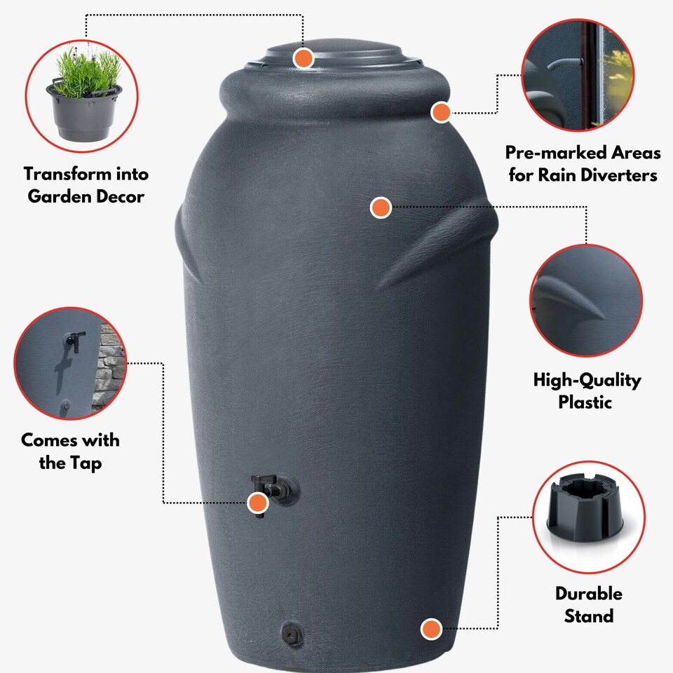 image 1 of Water Butt Kit with Tap, Diverter & Bio Cleaner – Rainwater Collector for Garden, Balcony & Terrace – Durable Plastic Water Storage Tank | Black | 210L