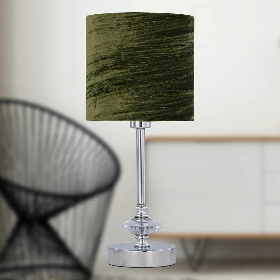 image 1 of First Choice Lighting Set of 2 Chrome Jewelled Table Lamp with Green Crushed Velvet Shades Chrome | Green