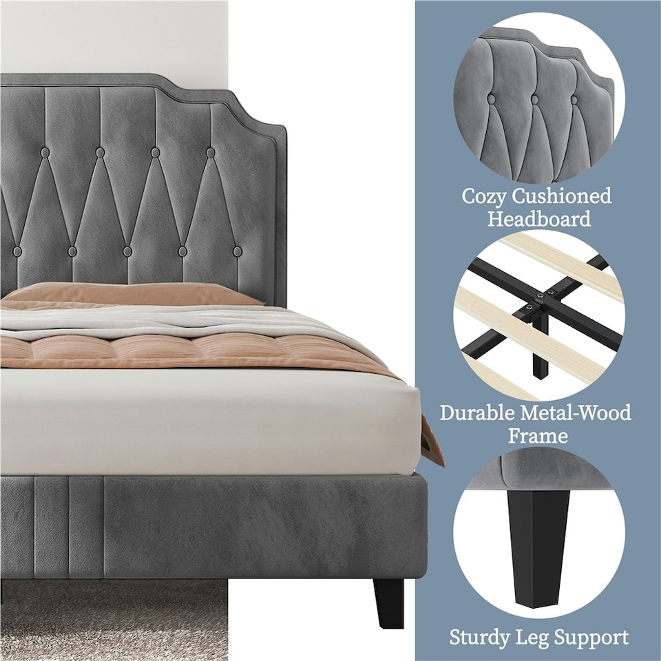 image 1 of Yaheetech 5ft King Upholstered Bed Frame with Button-Tufted Headboard Light Grey