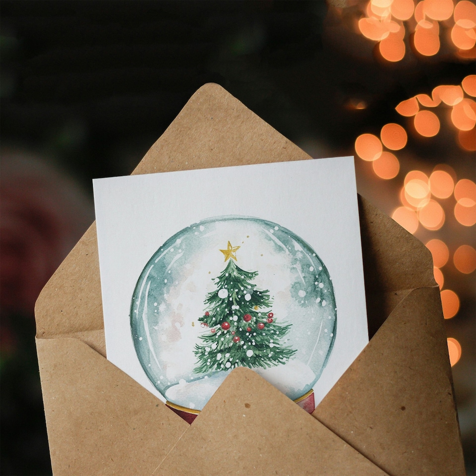 image 1 of Decorated Pine Tree Snow Globe Blank For Him Or Her Art Xmas Festive Christmas Card