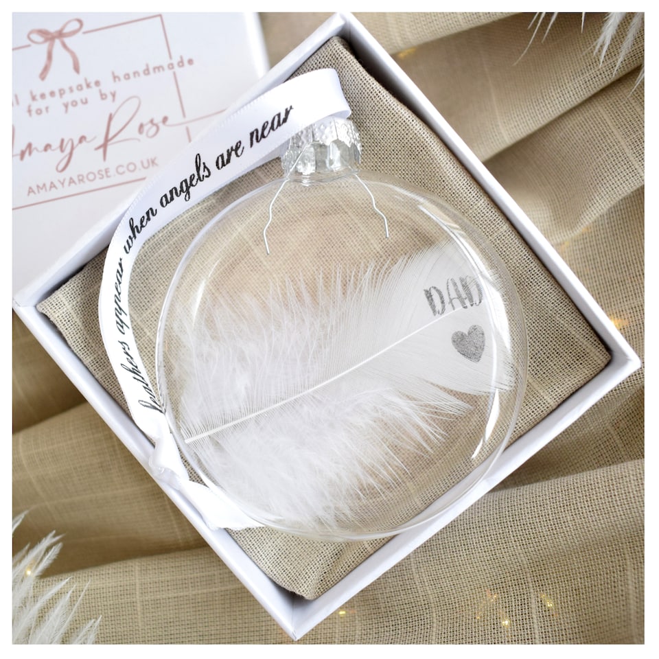 image 1 of In Memory of Dad Feather Round Bauble Gift Boxed. Memorial Christmas Decor
