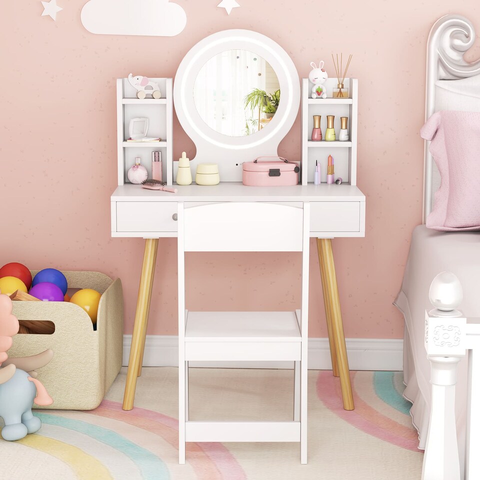 image 1 of COSTWAY Kids Vanity Set Princess Vanity Desk Set White