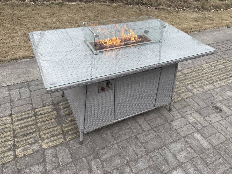 image 1 of Fimous Rattan Garden Furniture Set Gas Fire Pit Lounge Sofa Chair Dining Set With 2 Side Table And 2 PC Arm Chair 2 Stools