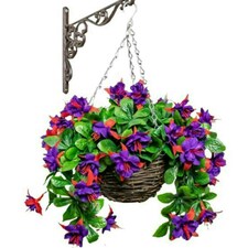 Primrose Artificial Fuchsia Flowers with Rattan Hanging Basket in Purple 25cm