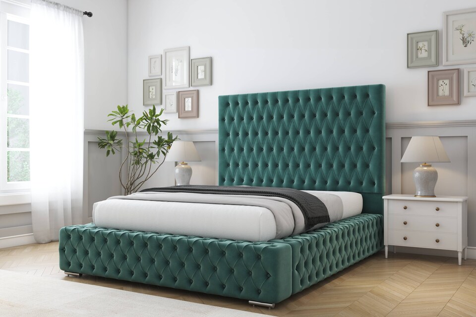 image 1 of Sloomy Ambassador Emerald Plush Bed Frame With Mattress With 50"  Upholstered Headboard 6' Super King