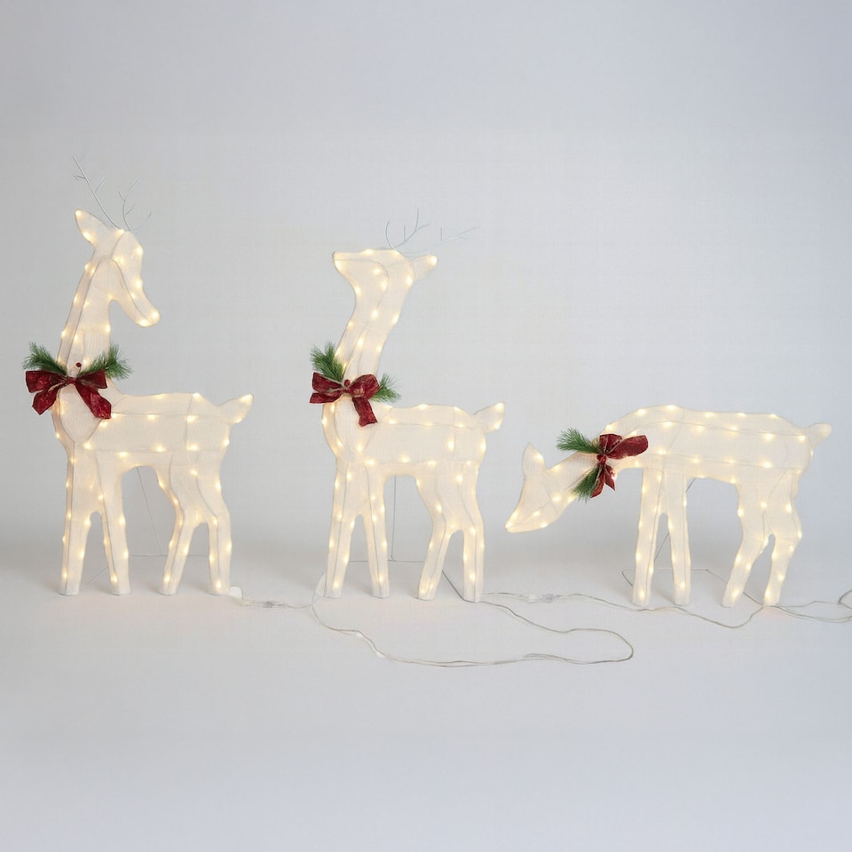 image 1 of Neo Set of 3 LED Lighted Reindeer Christmas Decorations Indoor Outdoor Holiday Yard Décor 210 Dual LED Lights Timer Weather Resistant Frame Festive Red Bows & Greenery