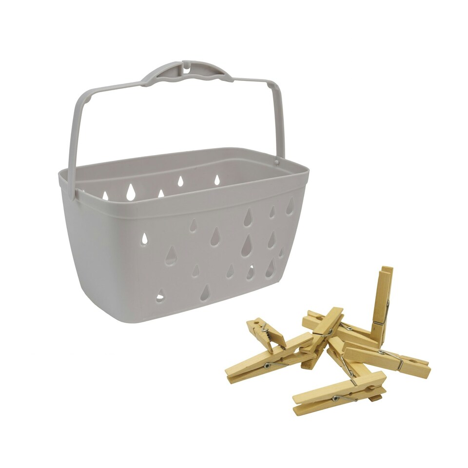 image 1 of JVL Plastic Peg Basket, Grey with 24 Wooden Retro Pegs, Brown