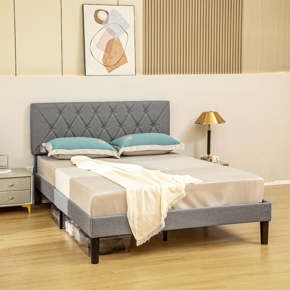 image 1 of HOMCOM Double Bed Frame with 5-Level Adjustable Linen Upholstered Headboard, Wooden Slats Mattress Foundation, No Box Spring Needed, Grey