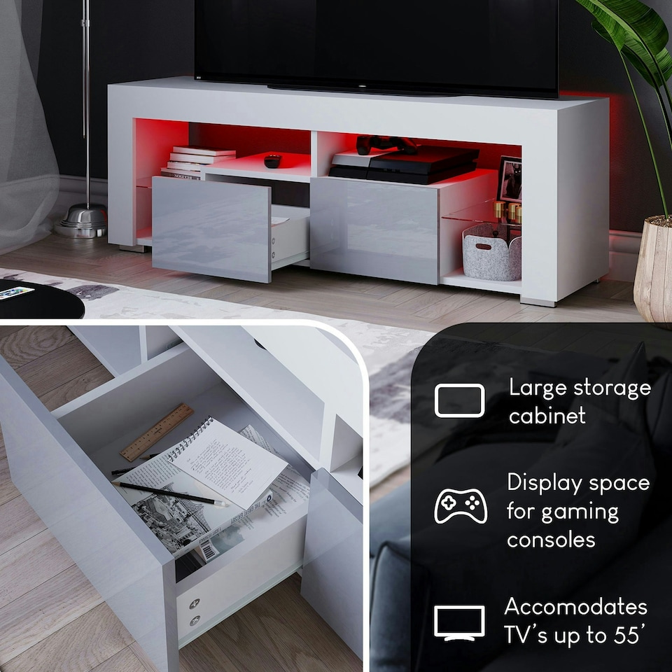 image 1 of Vida Designs Luna 2 Drawer LED TV Unit Entertainment Stand, White & Grey