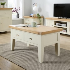 Melbourne Solid Wooden 2 Drawer Coffee Table Metal Handles Oak Top | White | White