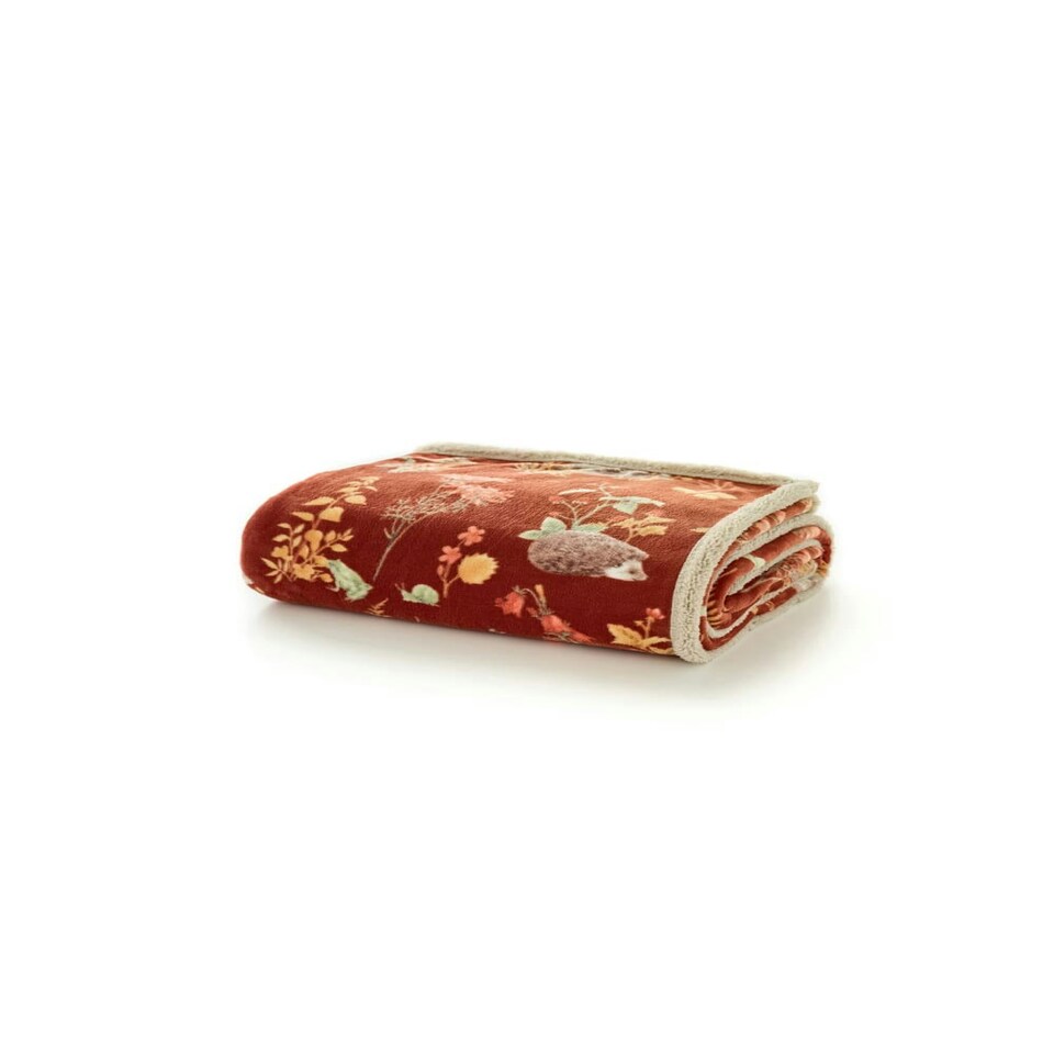 image 1 of Autumnal Woodland Throw – Sherpa Blanket Showcasing Forest Animals & Foliage 130x170cm | Multi | Rust | 1