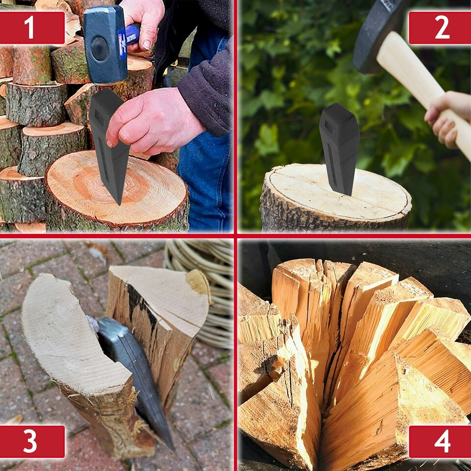 image 1 of SPARES2GO Log Splitter Blade Sharpener Kit 2.5KG 10" Wood Splitting Timber Chisel Wedges + Drill Attachment