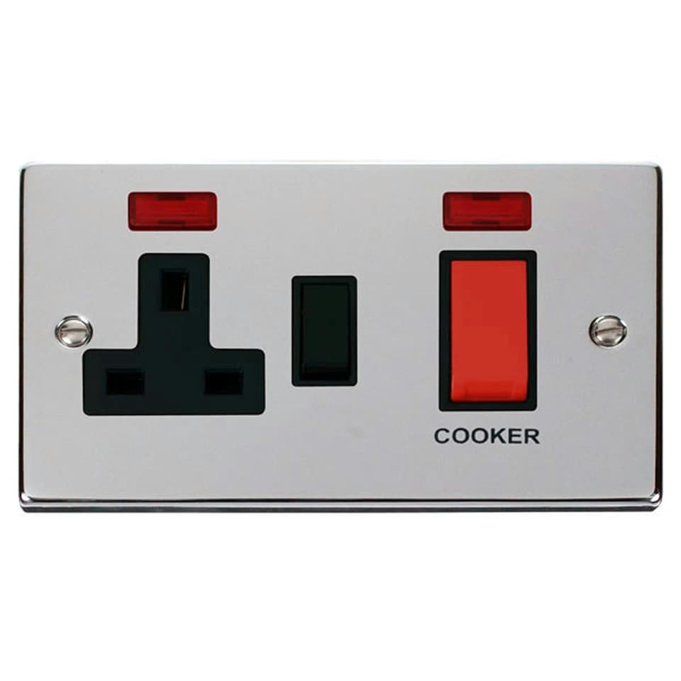 image 1 of SE HOME Polished Chrome Cooker Control 45A With 13A Switched Plug Socket & 2 Neons Black | Polished Chrome