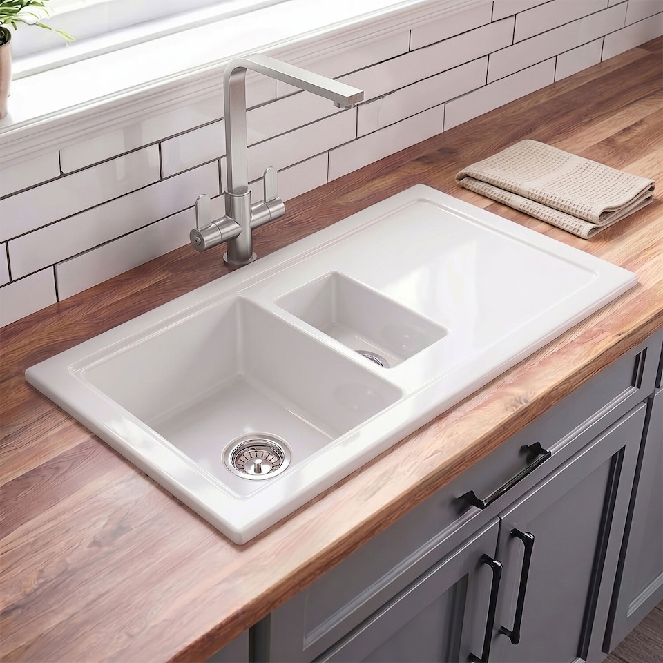 image 1 of Balterley 101cm Inset Counter Top 1.5 Bowl Fireclay Ceramic Kitchen Sink with Plain Drainer | White | White | 1