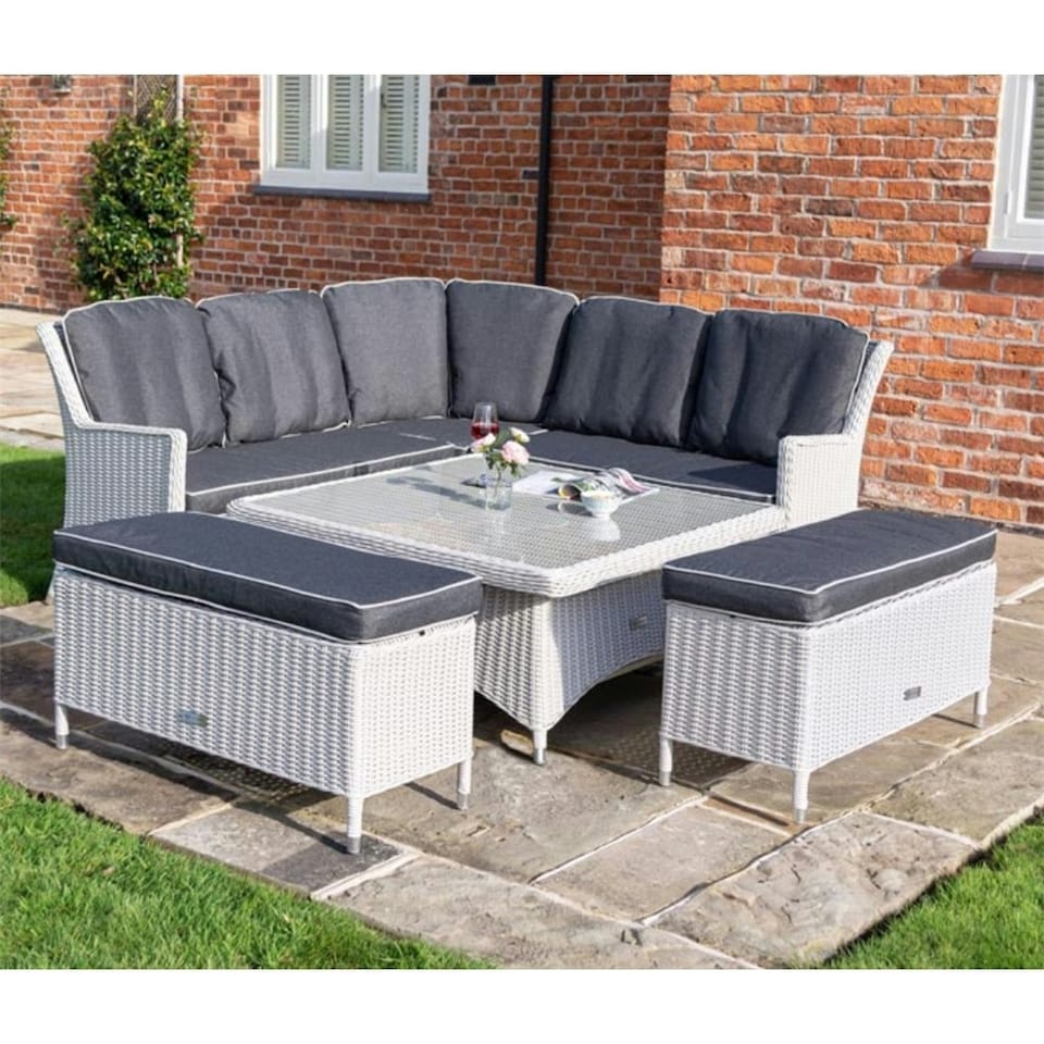 image 1 of 6 Seater Putty Grey Rattan Weave Corner Garden Dining Set - With Benches