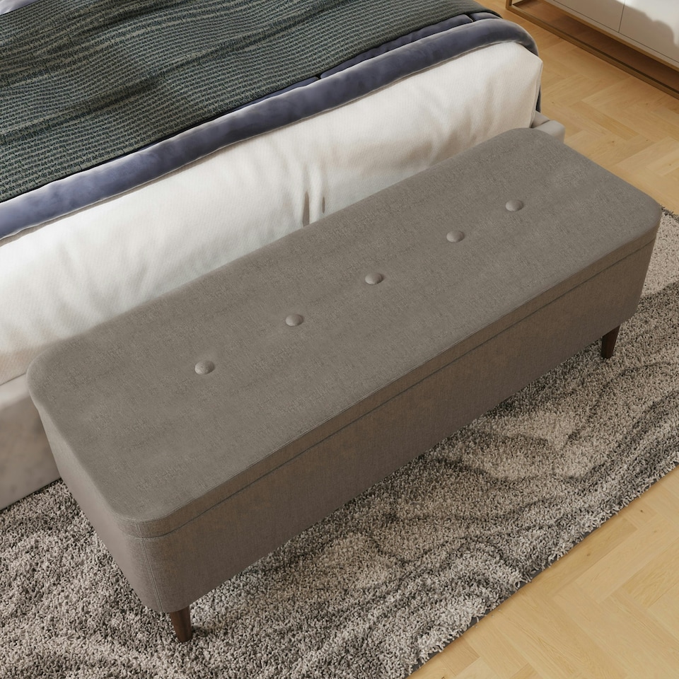 image 1 of Grey Linen Ottoman Storage Bench With Solid Wooden Legs Grey