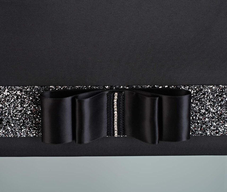 image 1 of FURNISHED Blackout Roller Blind with Black Glitter Trim and Black Bow Trimmable Window Shade | Black | Black | (W) 205cm x (L) 210cm