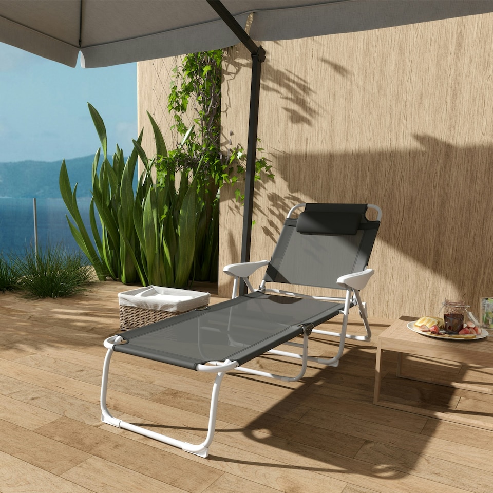 image 1 of Outsunny Folding Sun Lounger with 4-Level Backrest & Headrest, Charcoal Grey