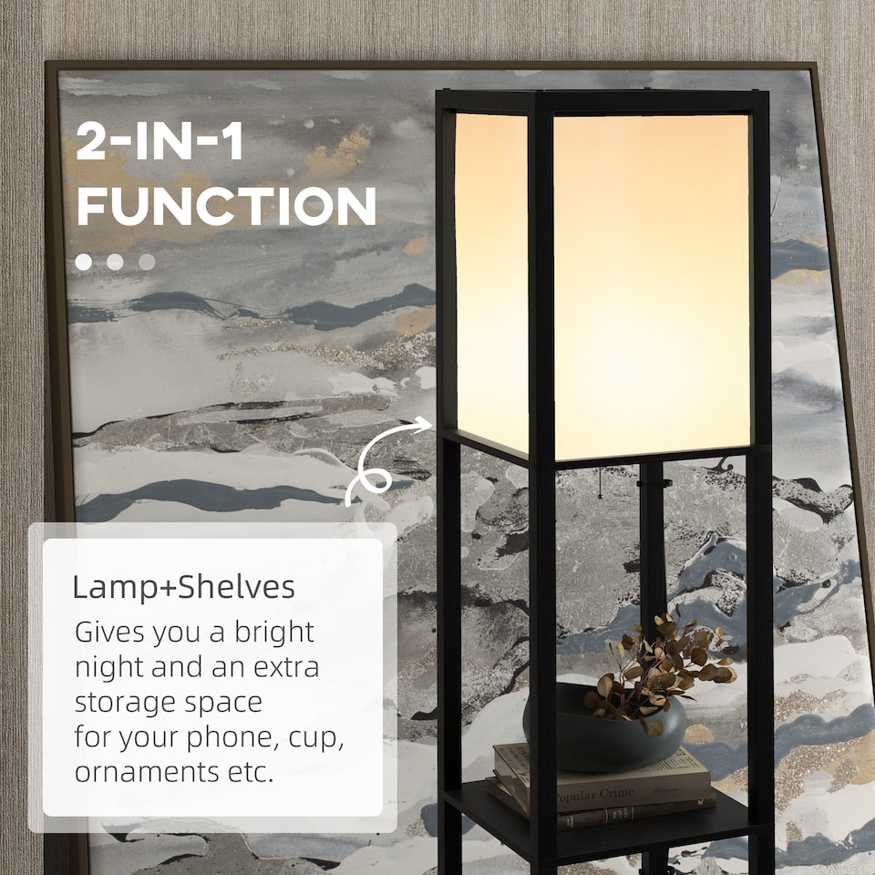 image 1 of HOMCOM Floor Lamp with Shelves and Dual Light, Modern Corner Standing Lamp with TC Fabric Lampshade for Living Room, Bedroom, Bulb not Included, Black