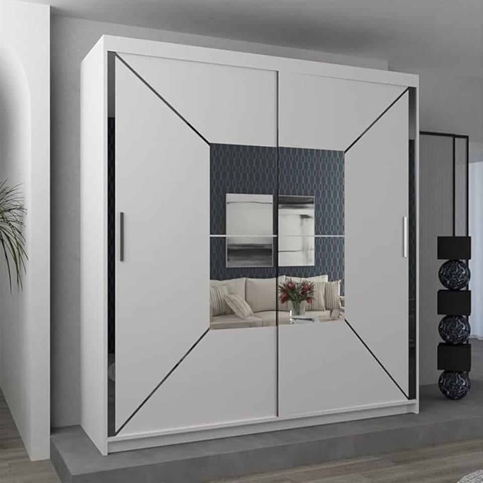 image 1 of Modern Geometric Mirror Sliding Door Wardrobe 180cm | White/Black/Grey 2-Door Bedroom Cabinet White | White180cm