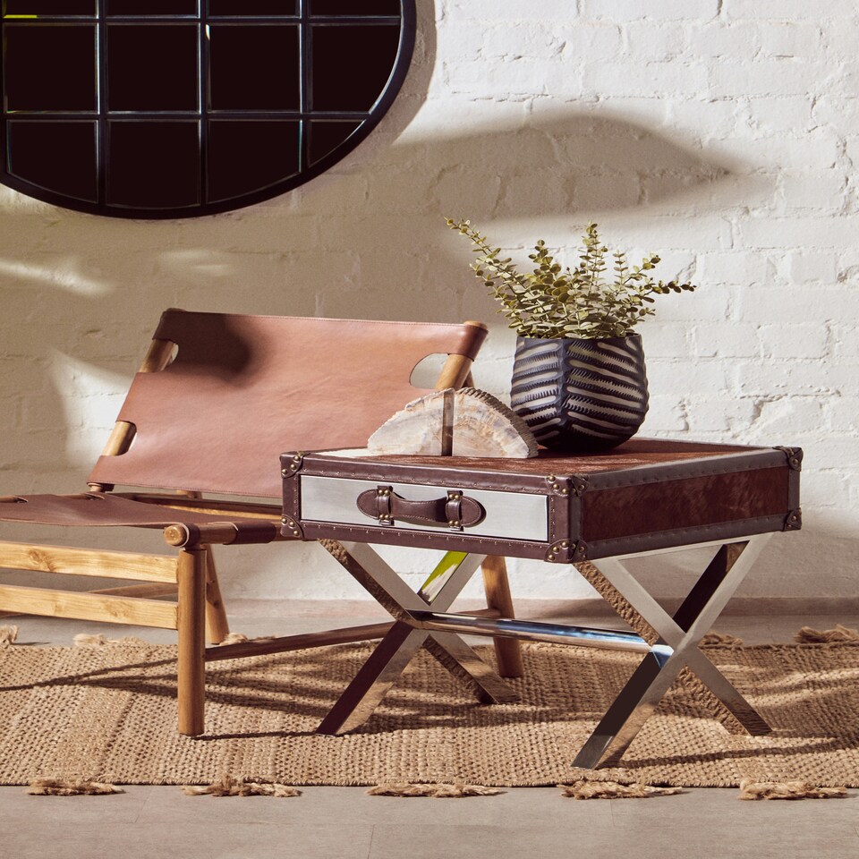 image 1 of Interiors By Premier Brown And White Genuine Cowhide One Drawer Table,Storage Table With Metal Crossed Legs,Small End Table Brown