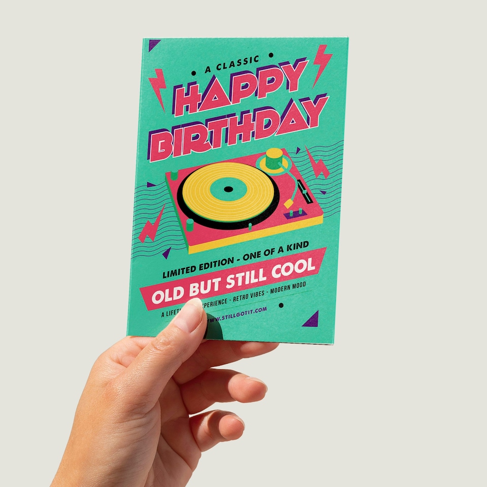 image 1 of Old But Cool Vinyl Record Player Green Pink Birthday Greeting Card