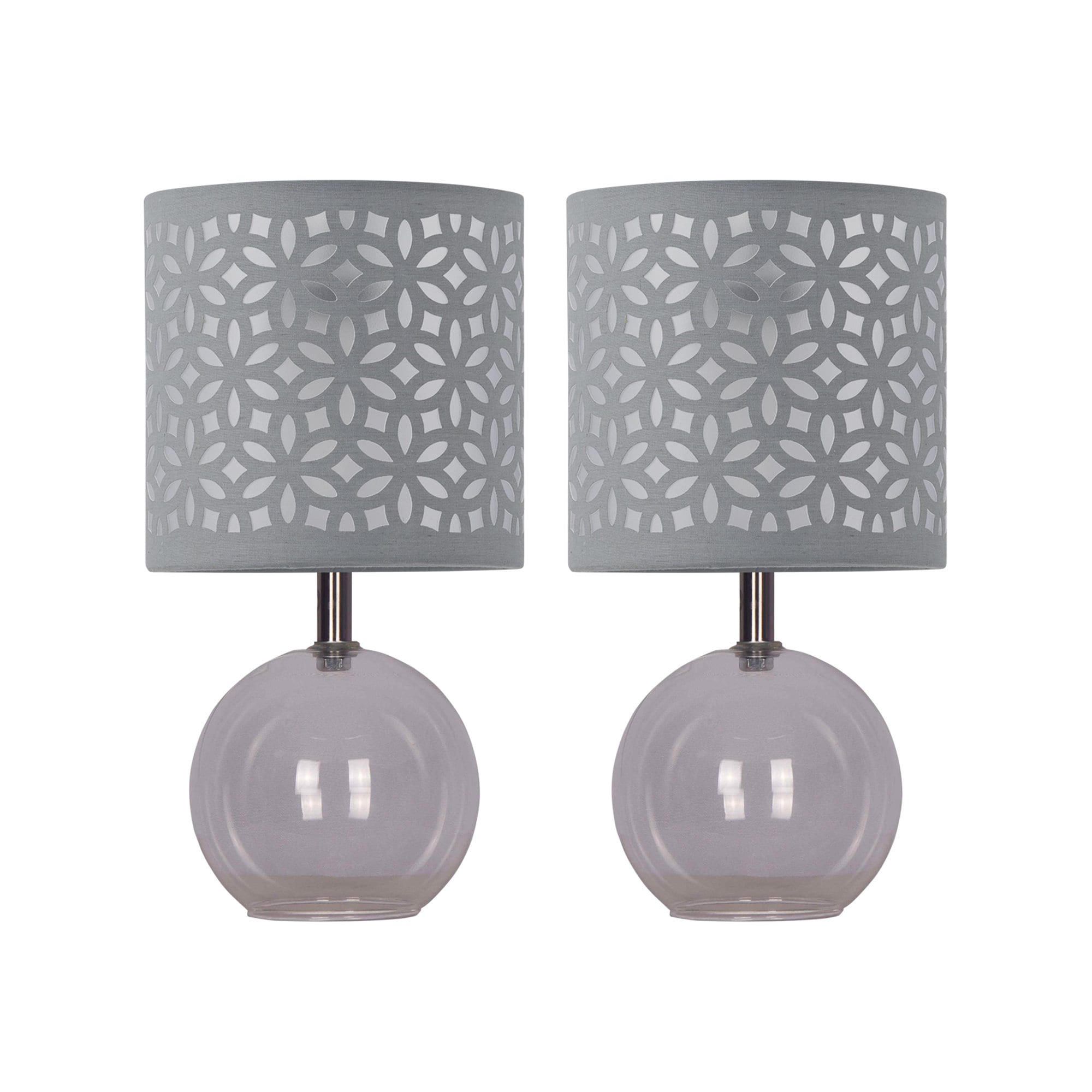 First Choice Lighting Set of 2 Buck - Clear Glass Globe Table Lamps with Grey Cut OutShade