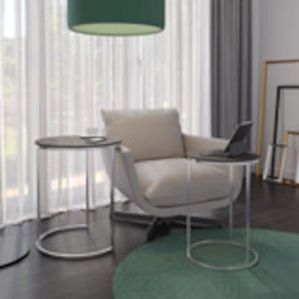 image 1 of 2Pc Round Nesting Stackable Sofa Side Bedside End Table Set Wood Top Metal Legs | Multi | Black Marble Top with Chrome Legs