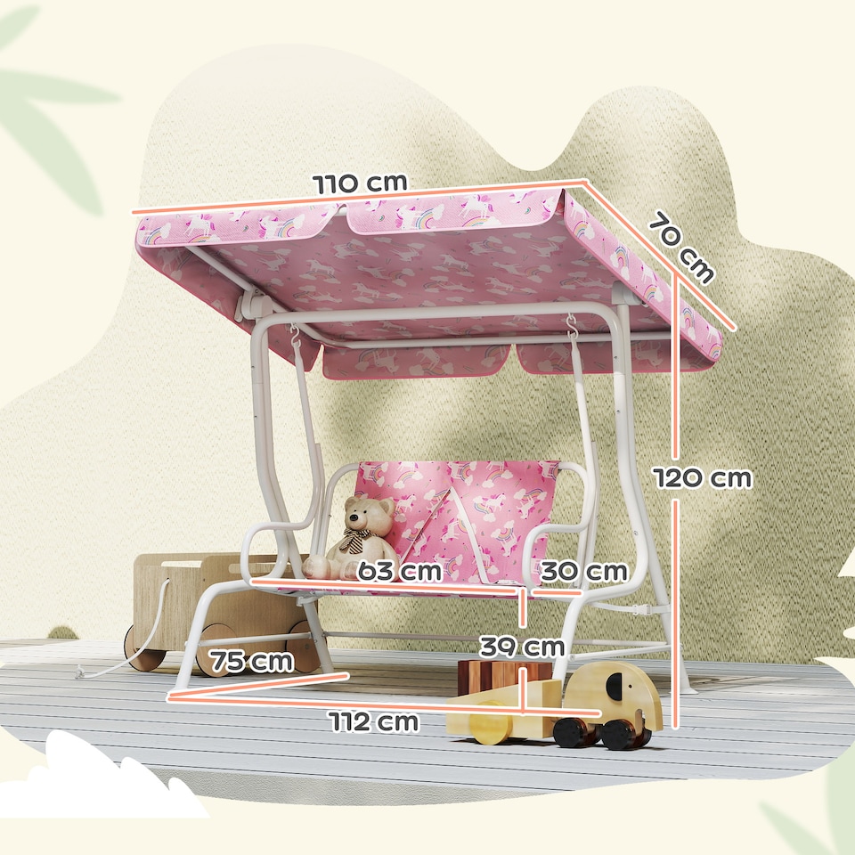 image 1 of AIYAPLAY Kids 2-Seater Porch Swing with Seat Belts, Adjustable Canopy Pink