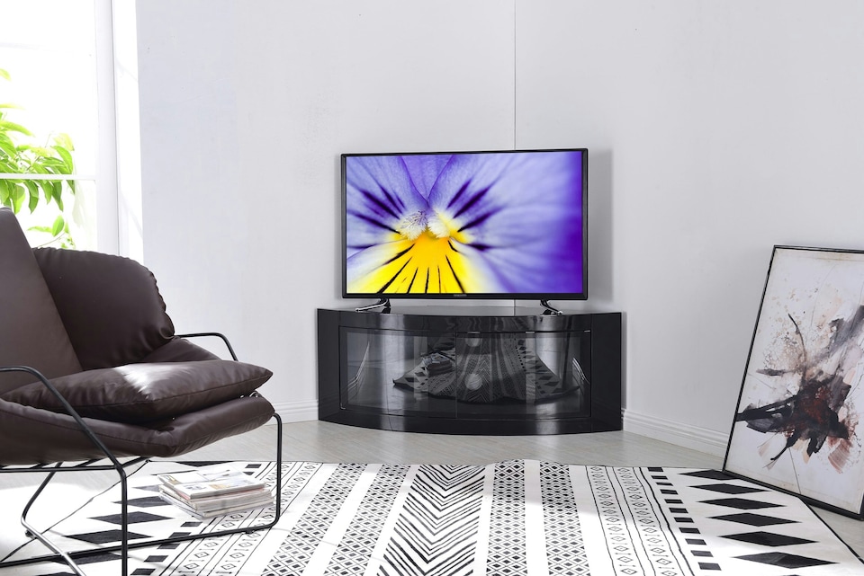image 1 of Centurion Supports PANGEA Gloss Black Beam-Thru Curved Tru-Corner 32"-50" TV Cabinet | Black | 1