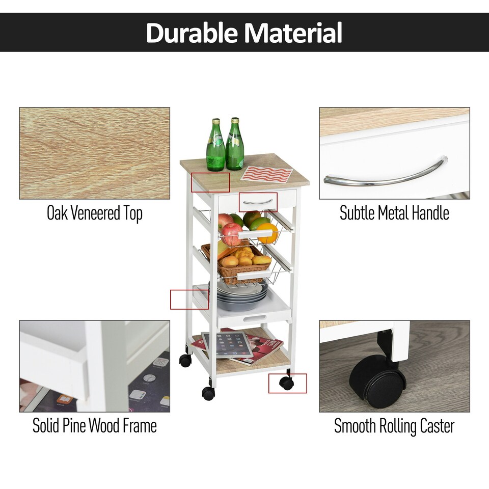 image 1 of HOMCOM Mobile Rolling Kitchen Island Trolley for Home Metal Baskets Tray Shelves