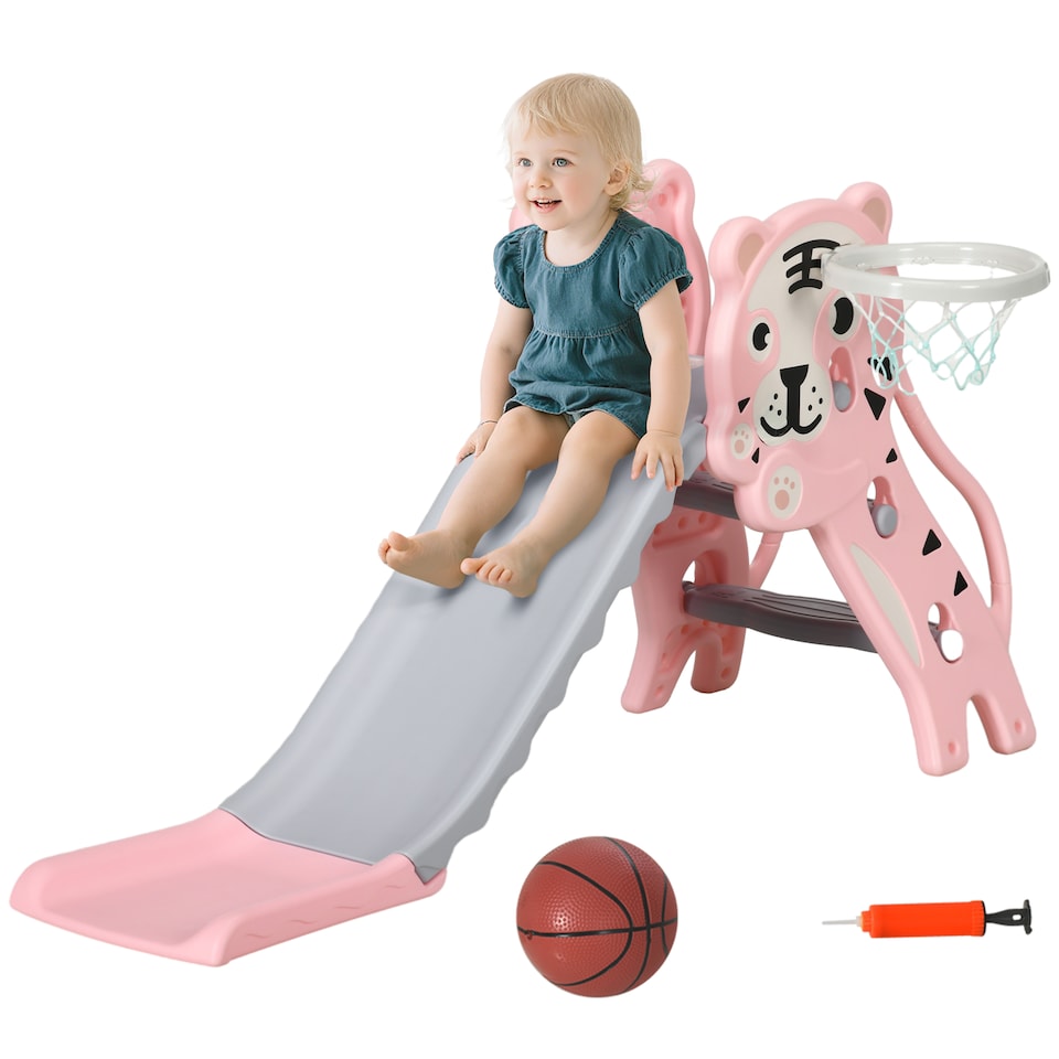 image 1 of AIYAPLAY Kids Slide with Basketball Hoop, Basketball, for 18-36 Months, Pink