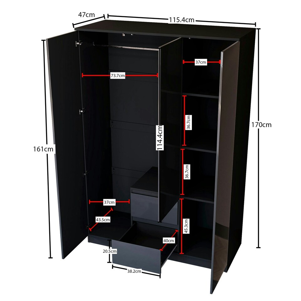 image 1 of Vida Designs Glinton 3 Door 2 Drawer Wardrobe High Gloss Doors With Shelf & Clothes Rail, 100% FSC, Black