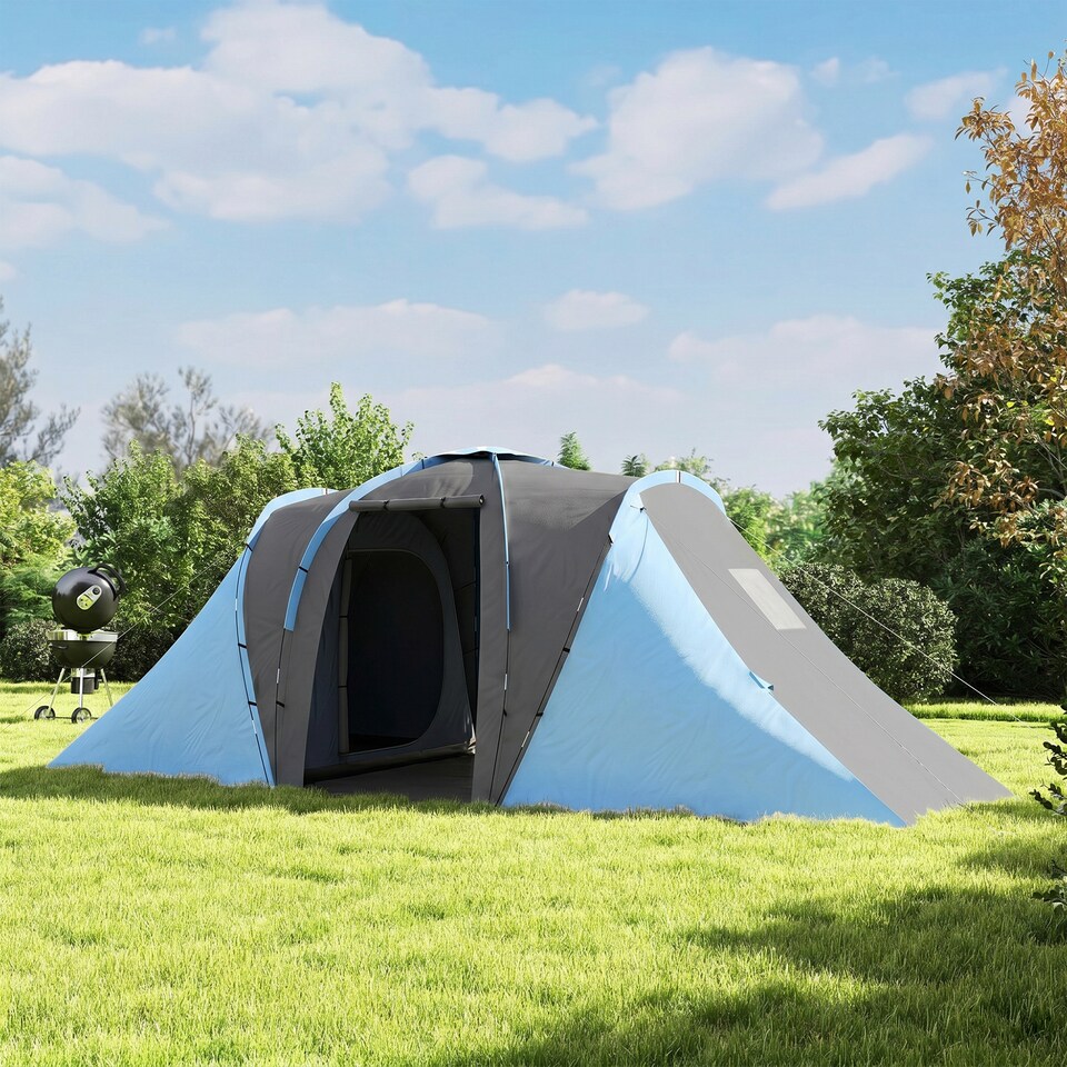 image 1 of Outsunny 4-6 Man Camping Tent with 2 Bedroom and Living Area, Grey and Blue