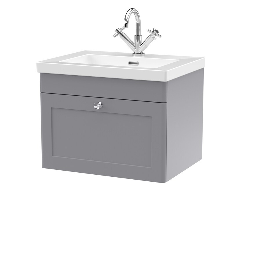 image 1 of Balterley Swynnerton Traditional 1 Drawer Wall Hung Vanity Unit with Fireclay Basin, Satin Grey, 600mm