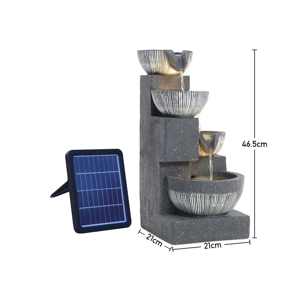 image 1 of Living and Home Solar Water Fountain Rockery 4-Tier Bowls with LED Light | Grey