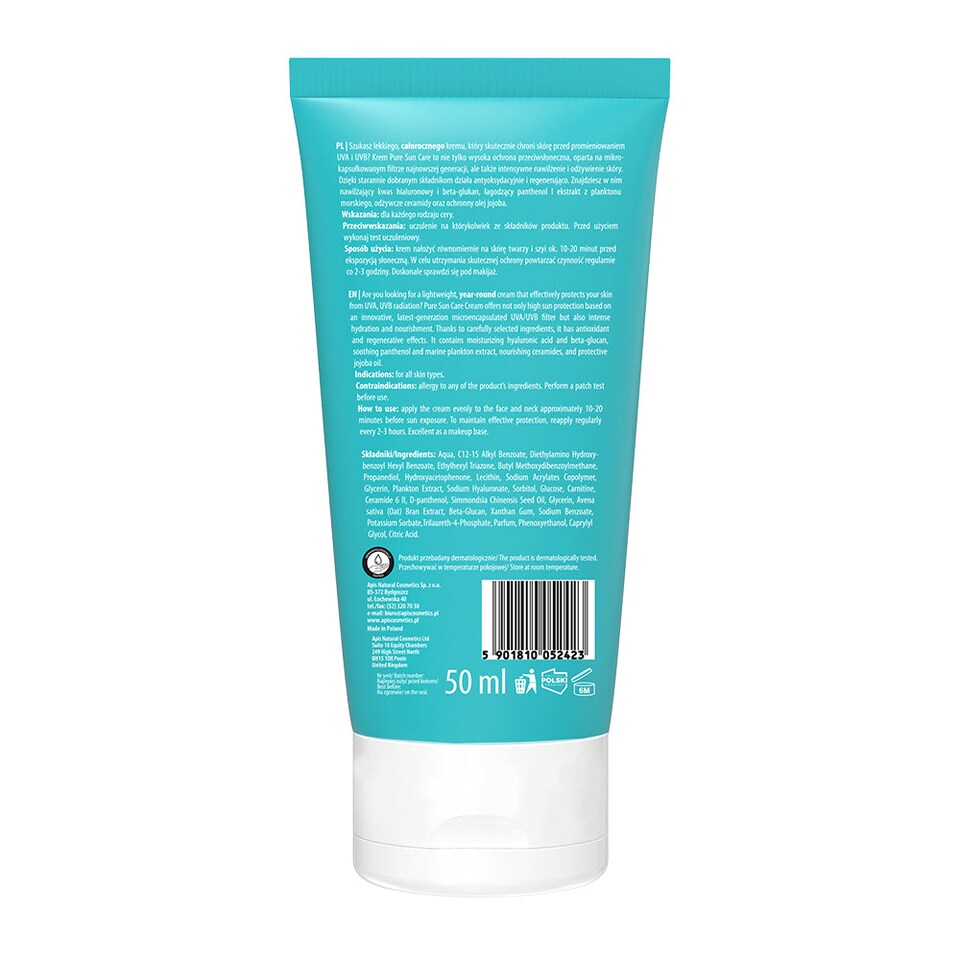 image 1 of Apis Pure Sun Care Face Cream SPF 50 with Hyaluronic Acid | 50ml