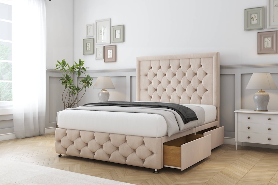 image 1 of Sloomy Vienna Sand Naples Divan Bed With Mattress No Drawers With 26" Strutted Headboard & 12" Matching Footboard 4' Small Double | Cream | Sand | Small Double | 1