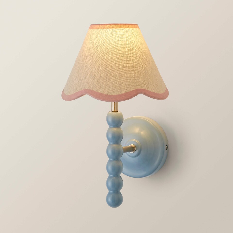 image 1 of ValueLights Bobbin Blue Wall Light with Pink Scallop Shade | Blue