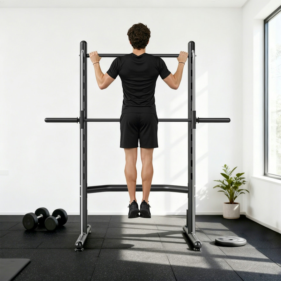 image 1 of HOMCOM Adjustable Squat Rack with Pull Up Bar and Barbell Bar for Home Gym