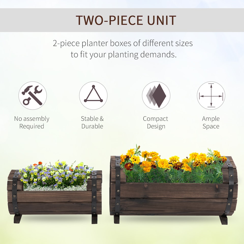 image 1 of Outsunny 2PCs Wooden Flower Plant Pot Outdoor Plant Box with Solid Wood | Brown | Brown