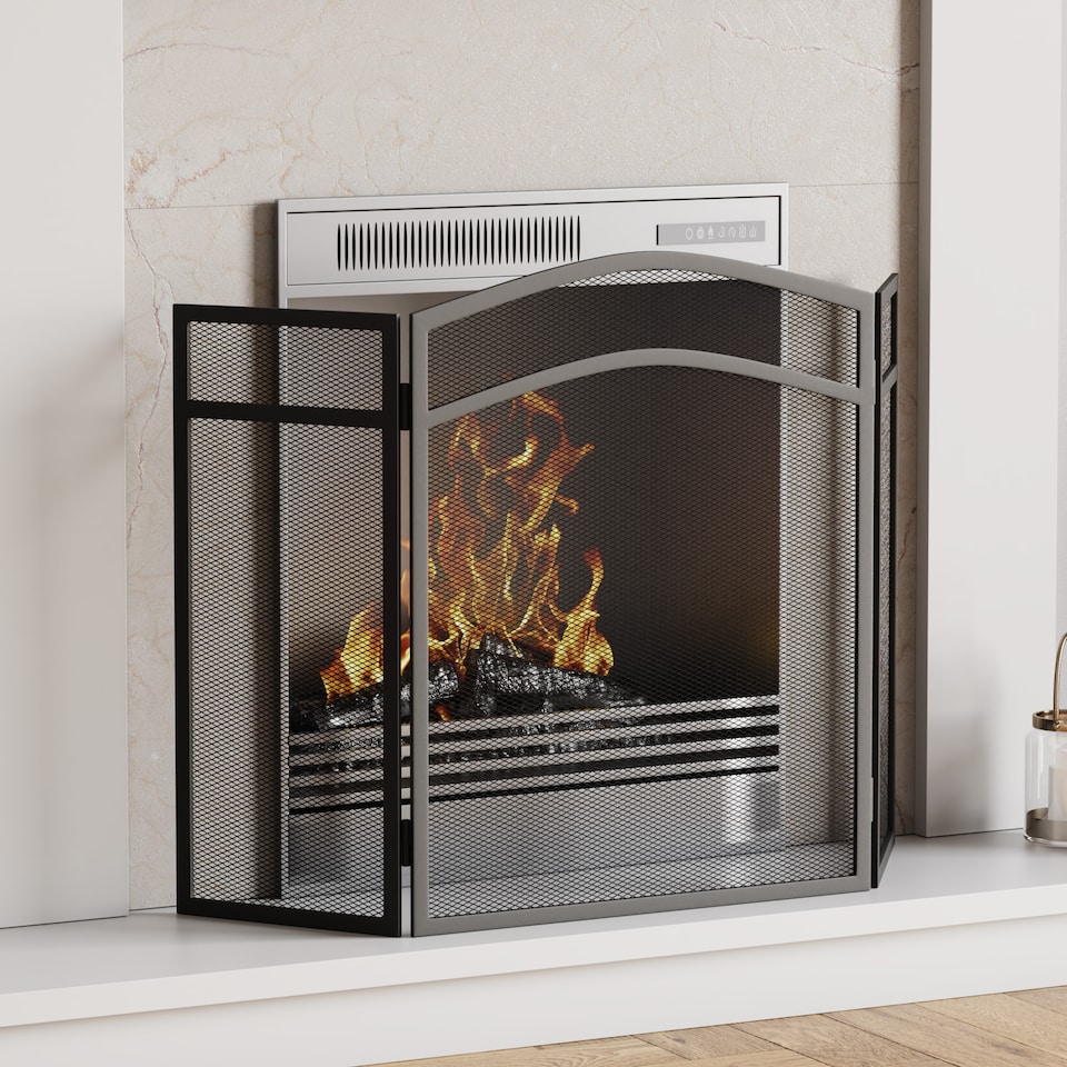 image 1 of Fire Vida Milton 3 Panel Fire Guard Folding Fireside Fireplace Screen Accessory, Black