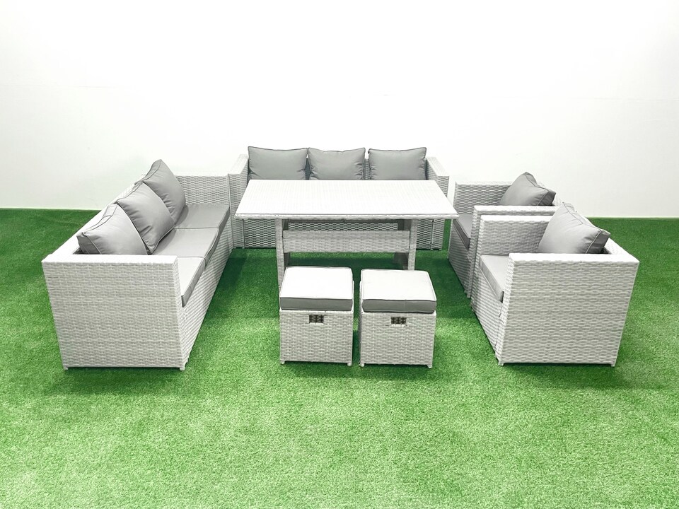 image 1 of Fimous Rattan Garden Furniture Set Outdoor 8 Seater Patio Dinin g Sofa Sets with Dining Table 2 Chairs 2 Small Footstools Light Grey Mixed
