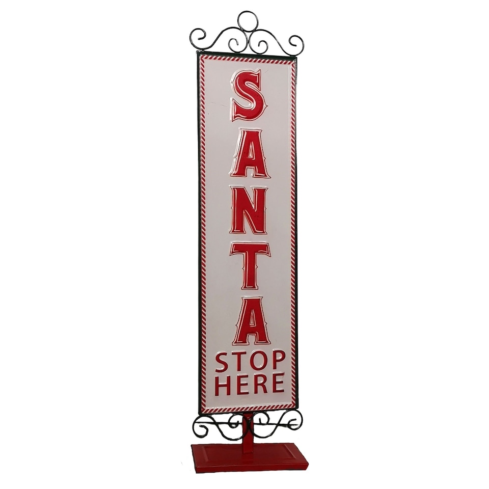 image 1 of 86cm Red and White Santa Stop Here Sign Christmas Decoration