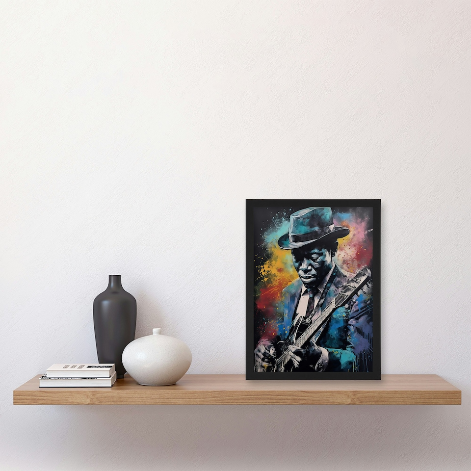 image 1 of Modern Blues Music Musician Colourful Splat Black Framed Wall Art Print A4