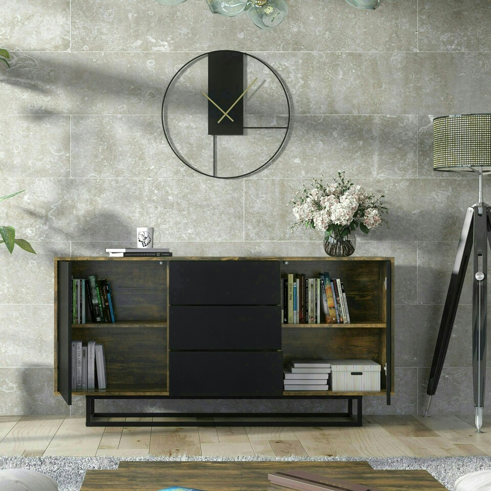 image 1 of Sideboard 140cm Industrial Oak with Black Fronts and Metal Base Multi