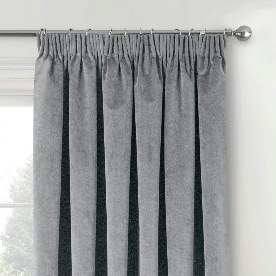 image 1 of Oxford Grey Velvet Curtains 66 x 90 inch (168 x 229 cm) 100% Blackout Pencil Pleat Thermal Noise Reducing Curtains for Bedroom and Living Room