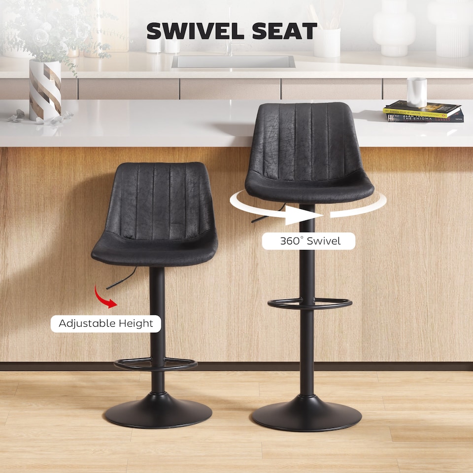 image 1 of HOMCOM Modern Bar Stools Set of 2, Height Adjustable Swivel Bar Chairs with Backrest, Gas Lift and Footrest, Leathaire Barstools for Breakfast Counter, Kitchen Island, Black | Black | Black